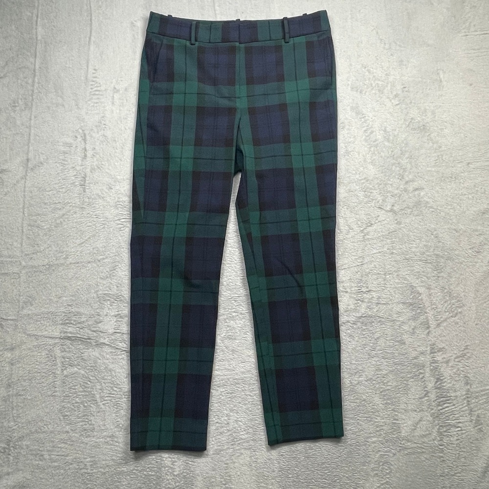 J.Crew Ruby Pant Women 8 Green Navy Black Watch Plaid Slim Straight Trousers